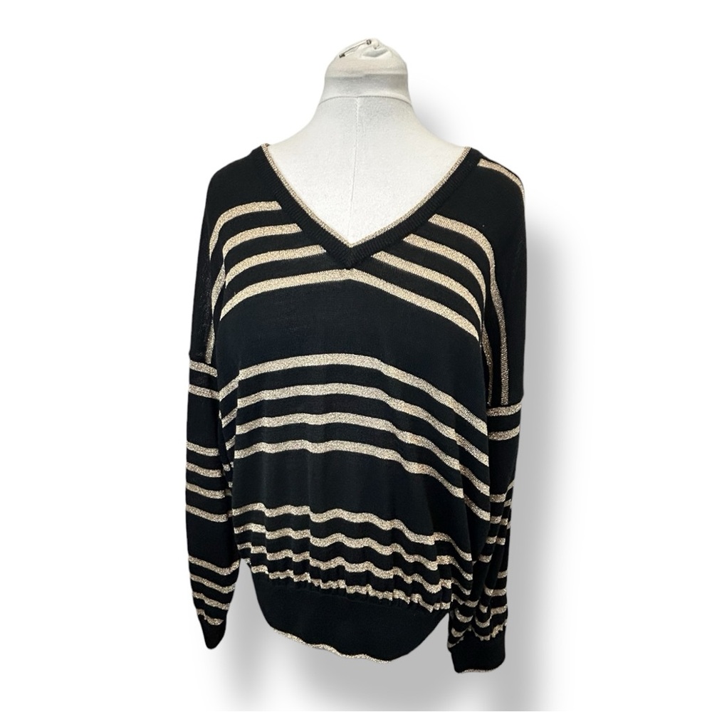Laurette Women’s Striped V-Neck Sweater VTG Wool Blend Black/Metallic Gold 2X